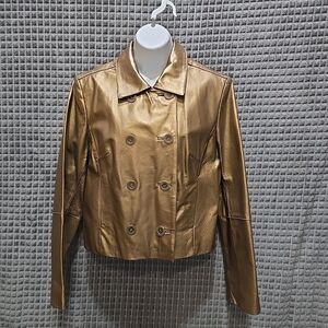 Christina Rotelli Gold Leather Jacket Sz12 DoubleBreasted Bomber Glam Rock VTG